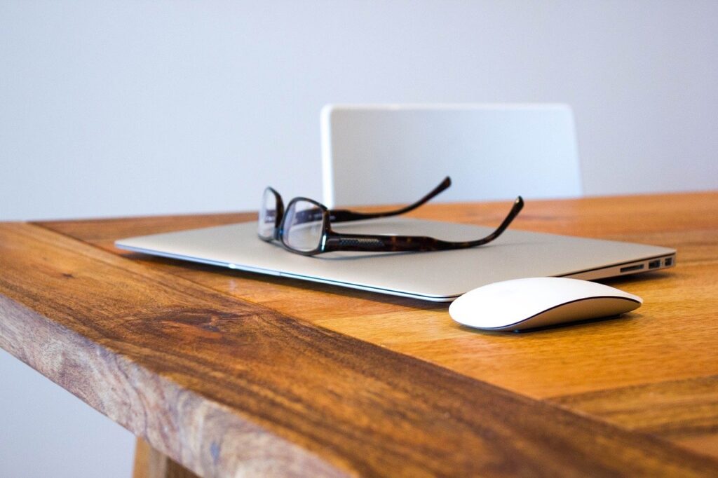 laptop, mouse, glasses